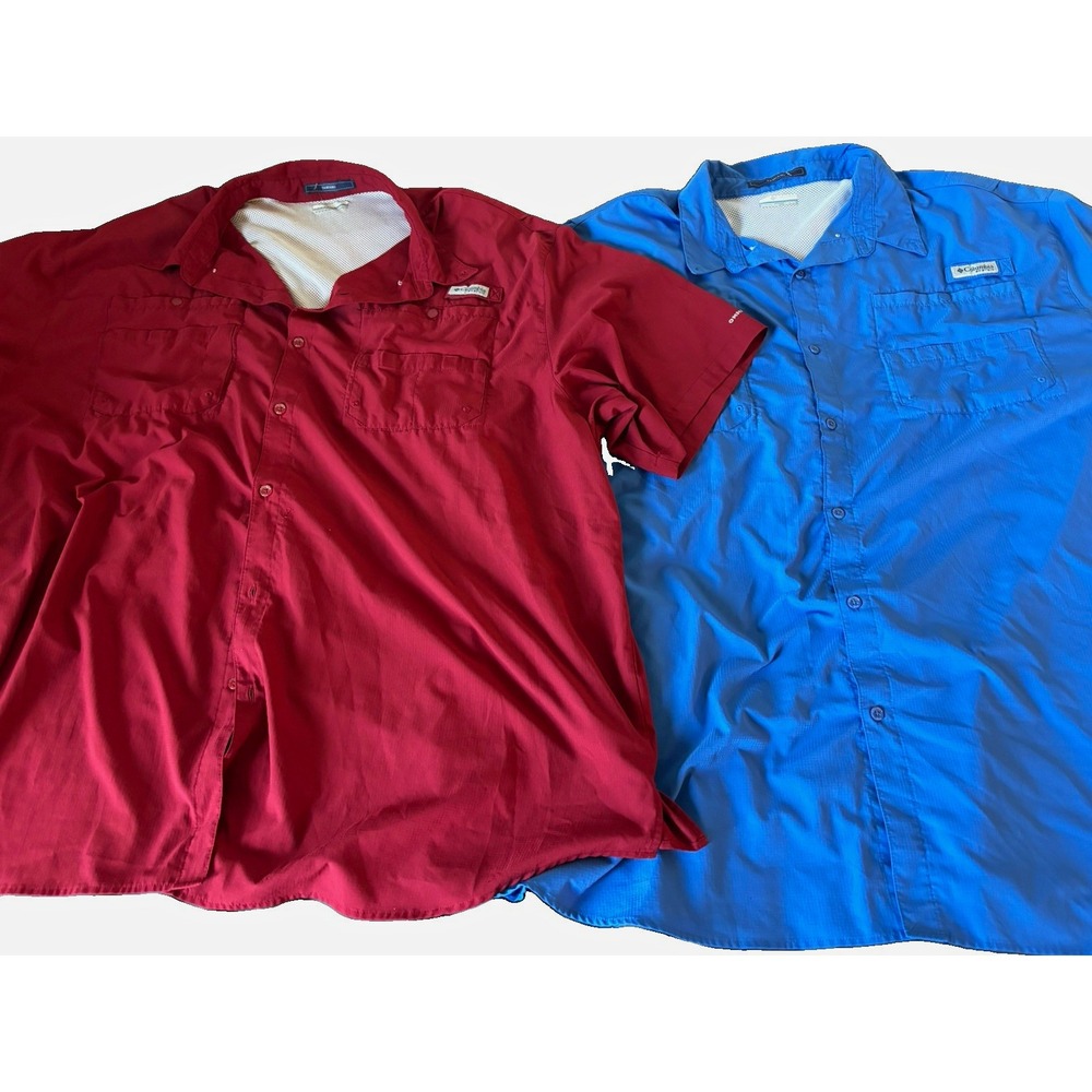 Lot of 2 Columbia Tamiami PFG Men’s 5XT/5TL Blue/Red Nylon Fishing Shirts